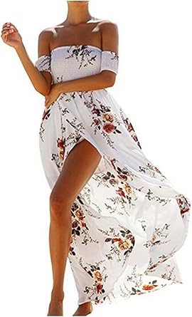 Womens Boho Off The Shoulder Floral Print Split Chiffon Beach Party Maxi Dress
