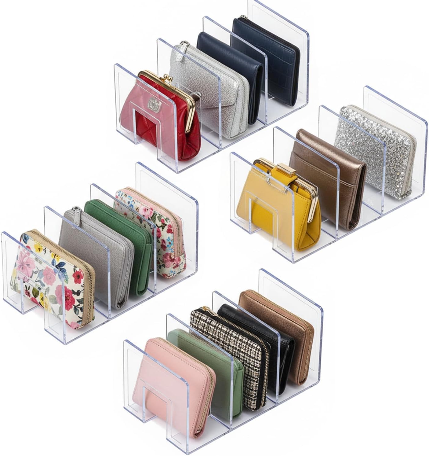 YAGELI Clear Acrylic Purse Organizer for Closet, 3-4 Section Desk File Sorter, 2.95" Wide Slots for Clutches, Handbags, Binders & Folders, Sturdy Stackable Bookshelf Organizer