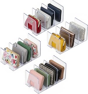 YAGELI Clear Acrylic Purse Organizer, 4-Pack, 3 Sections, 2.95" Wide Slots | 3-4 Section Desk File Sorter, For Clutches, Handbags, Binders & Folders, Sturdy Stackable, For Closet & Bookshelf