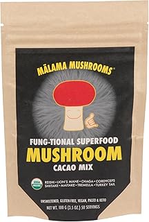 Malama 8-Mushroom Hot Cacao Mix, Organic Chocolate Blend Mushroom Powder for Focus & Inmune Support – with Lion's Mane, Reishi, Chaga, Turkey Tail – Vegan Supplement, 3.5 oz (50 Servings)