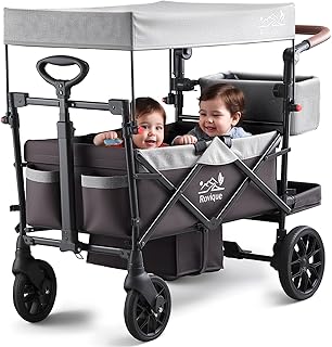 Stroller Wagon for Kids, Premium 2 Seater Kids Wagon Stroller with Removable Canopy, Safety Harness, Adjustable Handlebar & Storage Organizer, All-Terrain Foldable Baby Wagon for Outdoors