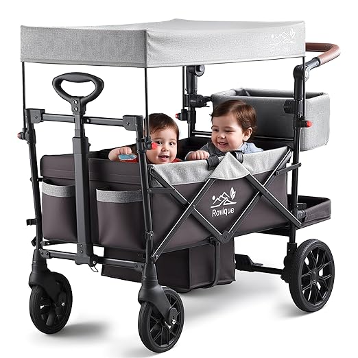 Stroller Wagon for Kids, Premium 2 Seater Kids Wagon Stroller with Removable Canopy, Safety Harness, Adjustable Handlebar & Storage Organizer, All-Terrain Foldable Baby Wagon for Outdoors