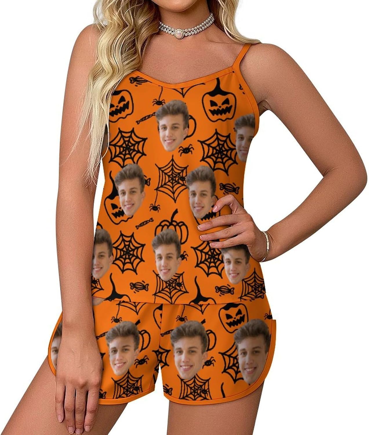 Custom Face Halloween Pajamas Set for Women, Funny Cute Fall Pjs Sleepwear Lounge Set, Short Sleeve Goth Adult Pj