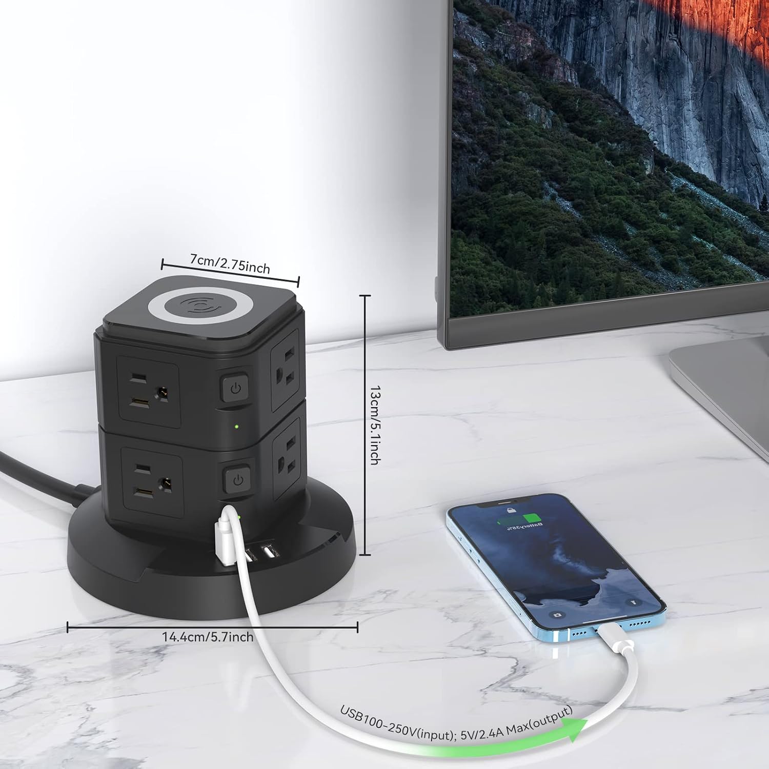 XBA Power Strip Tower, 8 AC Outlets and 3 USB Port Wireless Charging Tower, 6Ft Heavy Duty Extension Cord for Home Office Dorm