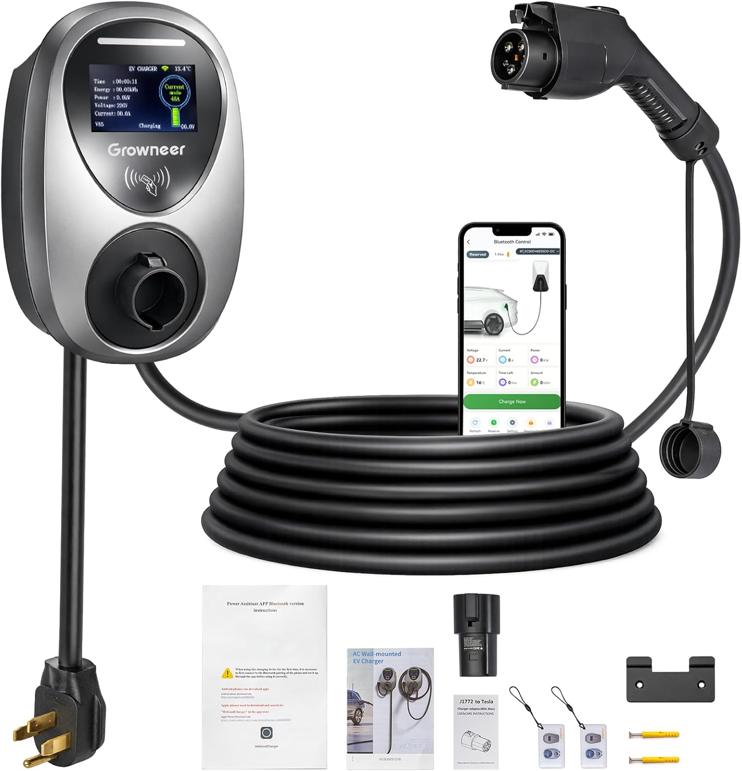 GROWNEER Level 2 EV Charger, 48Amp, J1772 Universal Fit for All Vehicles, 25ft Cable, WiFi (2.4GHz) Smart App, (IP66, NEMA 4), UL & ETL Certified, NEMA 14-50 Plug-in 240V （Extra Tesla Adapter Gift）