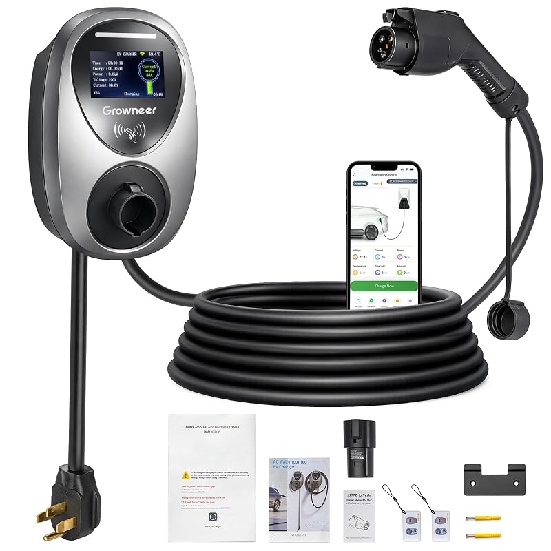 Carregador portátil para veículo elétrico Nível 2 GROWNEER 48 A, 240 V, plugue NEMA 14-50, cabo de 7,62 m, conector J1772 e adaptador Tesla