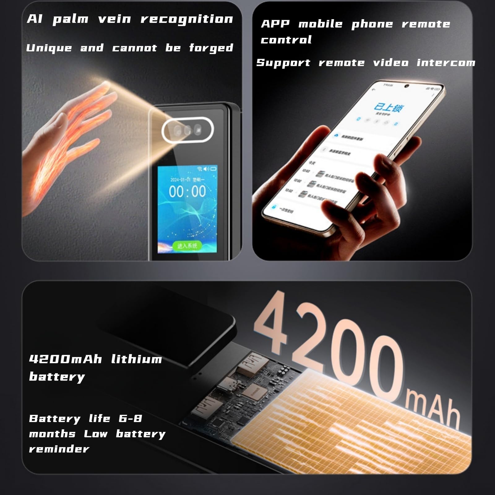 Rozpoznawanie żył dłoni Inteligentna blokada Zabezpieczenia biometryczne klasy wojskowej z 3D Face ID, odciskami palców i podwójnymi kamerami