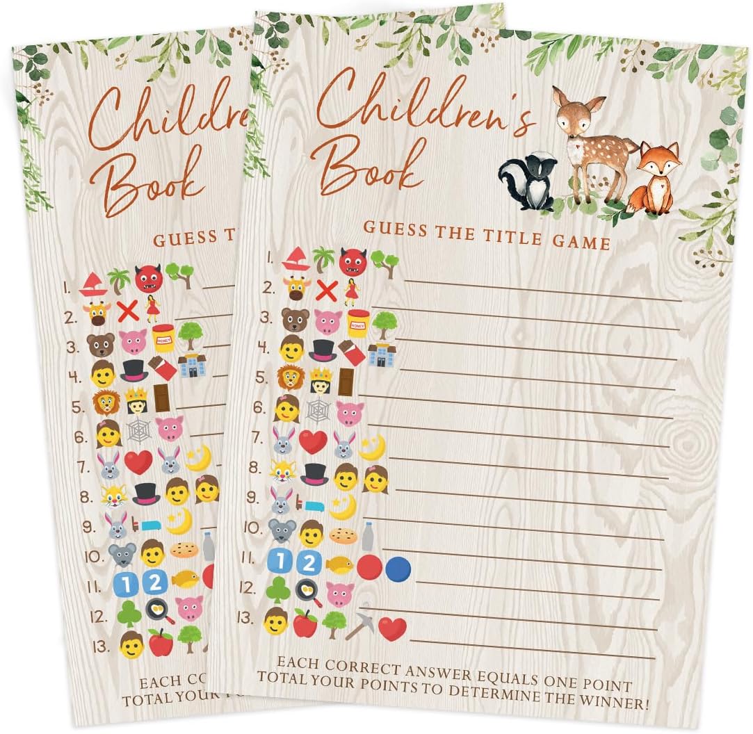 Printed Party Baby Shower Games – Children's Book Title Guessing Game for Boy or Girl, Woodland Forest Animals Theme, 50 Cards