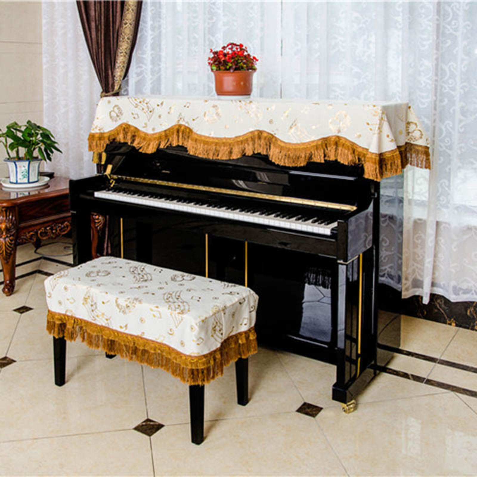 SUNMME Piano Dust Cover Cloth With Stool Universal Upright Protective Half Print Decorative For Piano/a/double (a Double Stool)