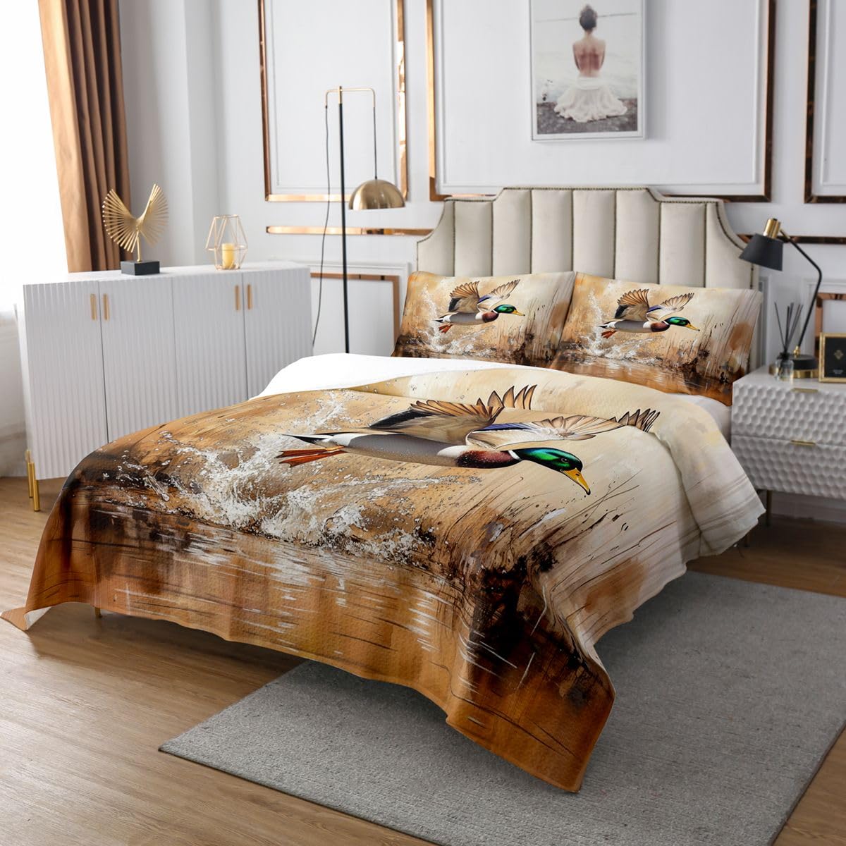 Loussiesd Copriletto trapuntato per bambini, motivo anatra, per letto king size, con motivo a caccia di anatre, per camera da letto delle ragazze, traspirante, morbido e leggero, in microfibra, per