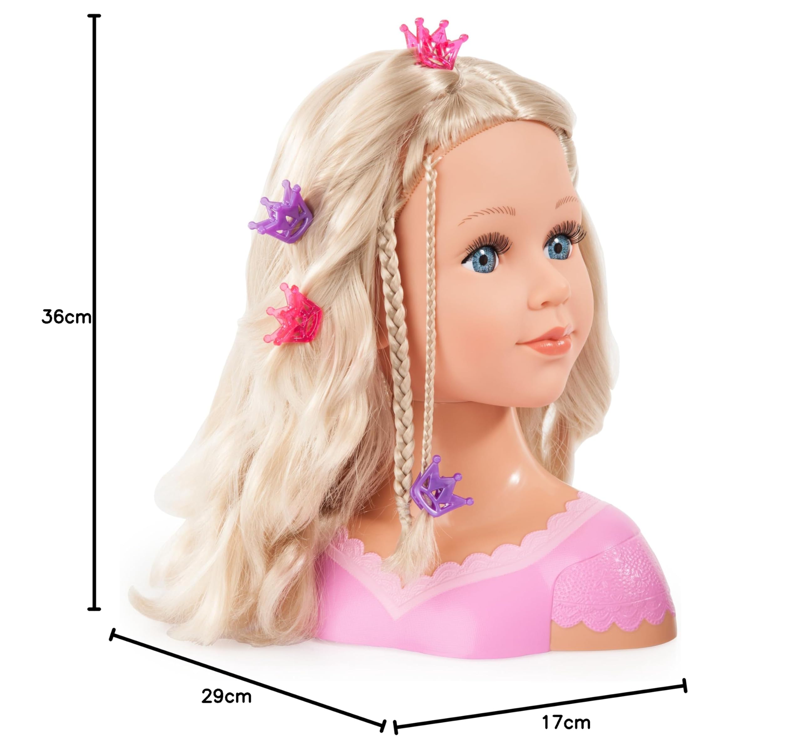 Bayer Design 90088AA Głowa do stylizacji dla dzieci, lalka do stylizacji Charlene Super Model z akcesoriami, blond włosy