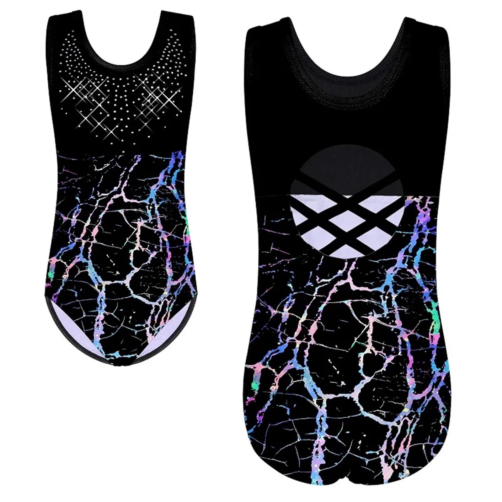 Maillot Gimnasia Ritmica niña Leotardo de Gimnasia sin Mangas for niñas Ropa de Baile de Ballet con Diamantes Brillantes Ropa de práctica de Bailarina Profesional(Black Lines,10A)