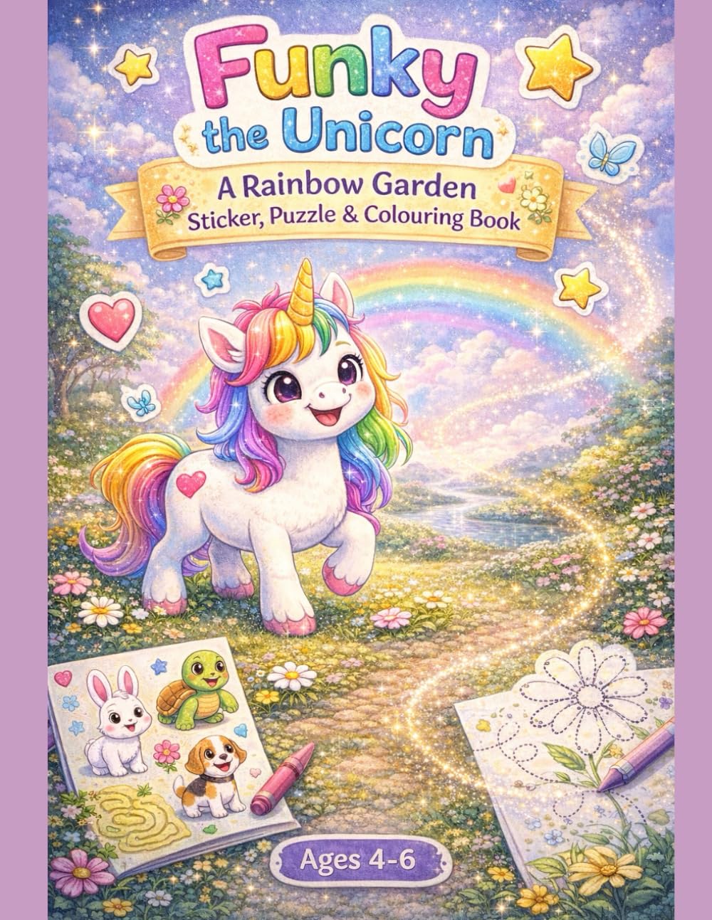 Funky the Unicorn- A Rainbow Garden- Sticker, Puzzle and Colouring Book