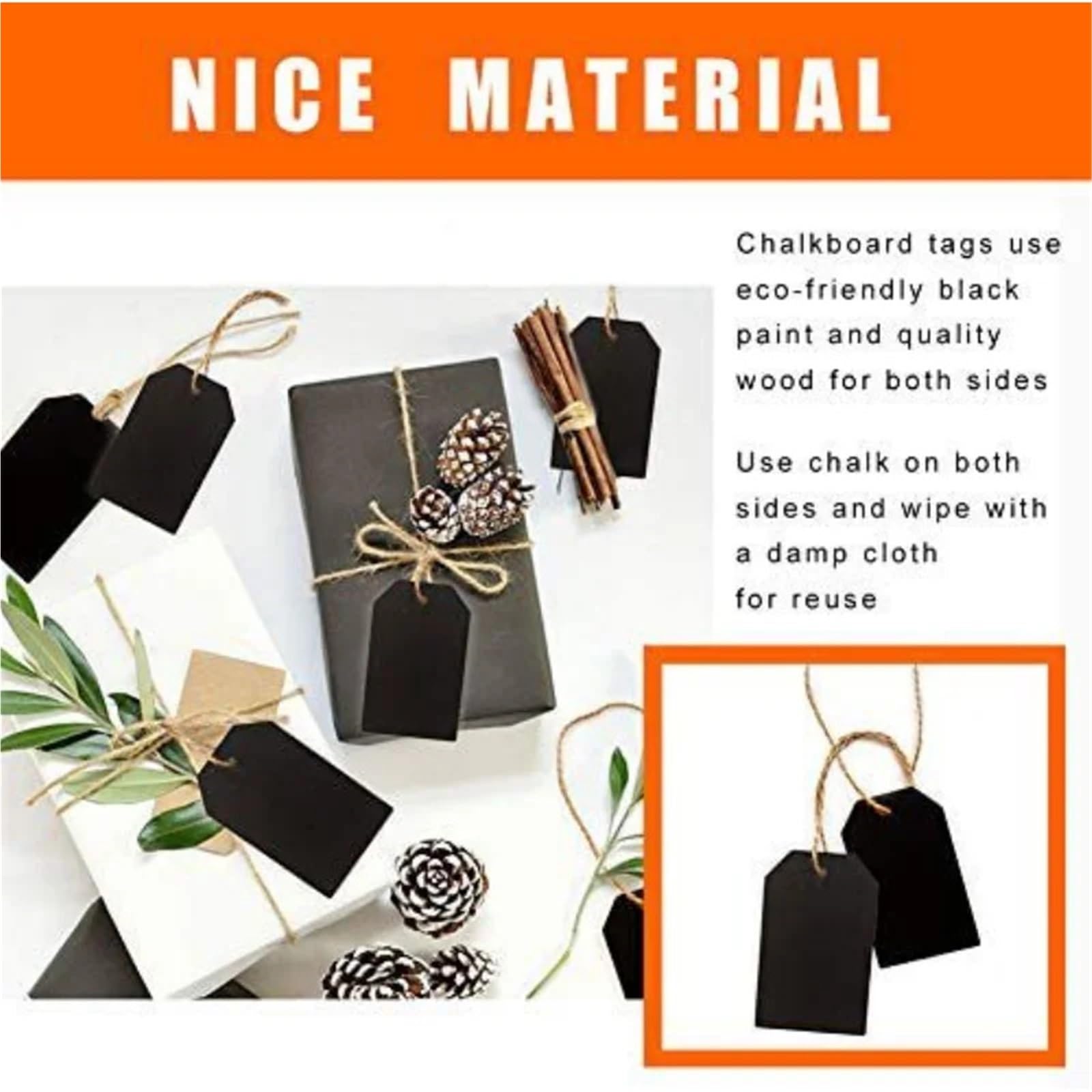 Lot de 50 étiquettes de prix avec ficelle en ardoise noire double face effaçables à suspendre en corde de chanvre pour vêtements, bijoux, étiquettes vierges de marquage de marchandise