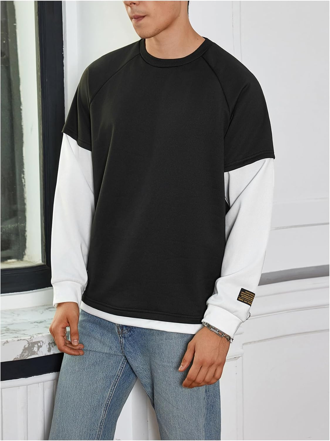 Men's Crewneck Sweatshirts Letter Patched Long Sleeve 2 in 1 Street Pullover Sweatshirt - Image 5