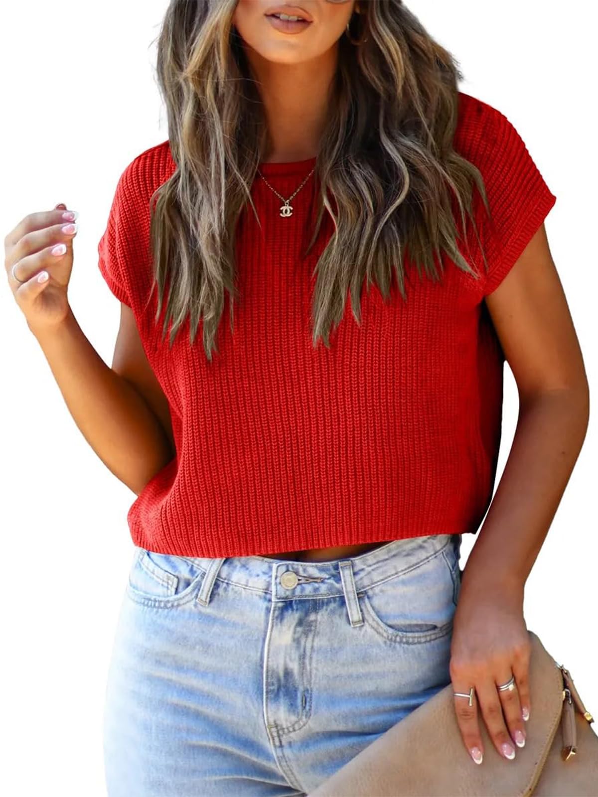 LCXWFE Womens Summer Cropped Sweater Vest Trendy Cap Sleeve Crop Tops Crew Neck Loose Knit Tank Top