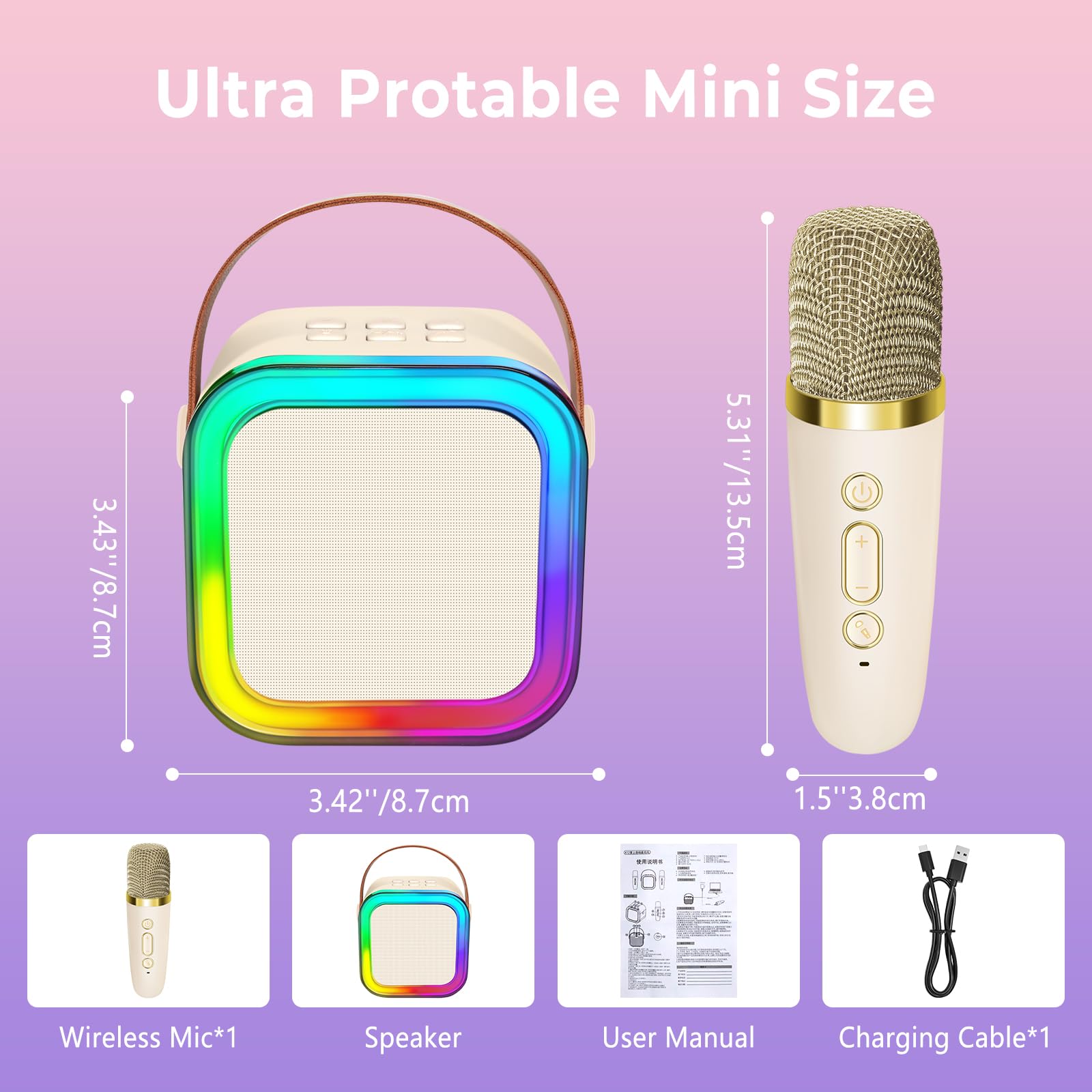 Mini Karaoke Machine for Kids Adults, UZSOMX Portable Bluetooth Speakers and 2 Wireless Microphones Song Toys with LED Light, Chritmas Birthday Toys Gifts for Girls Boys Toddler Teens (Beige 1 Mic) 1