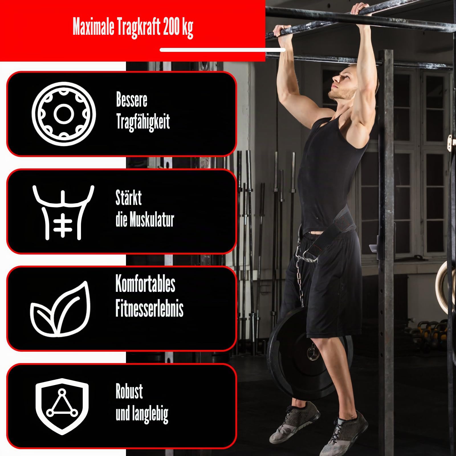 Fitness Gewichthebergürtel Dip Gürtel mit Stahlkette und 2 Karabiner Neopren Gewichtsgürtel für herren Frauen Weight Lifting Belt für Krafttraining, Bodybuilding, Gewichtheben, Klimmzüge