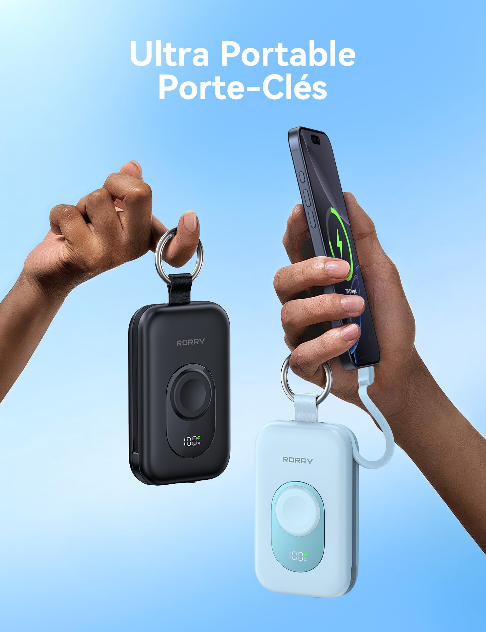 RORRY CharmGo Batterie Externe 20000mAh 30W Power Bank avec Câbles Intégrés