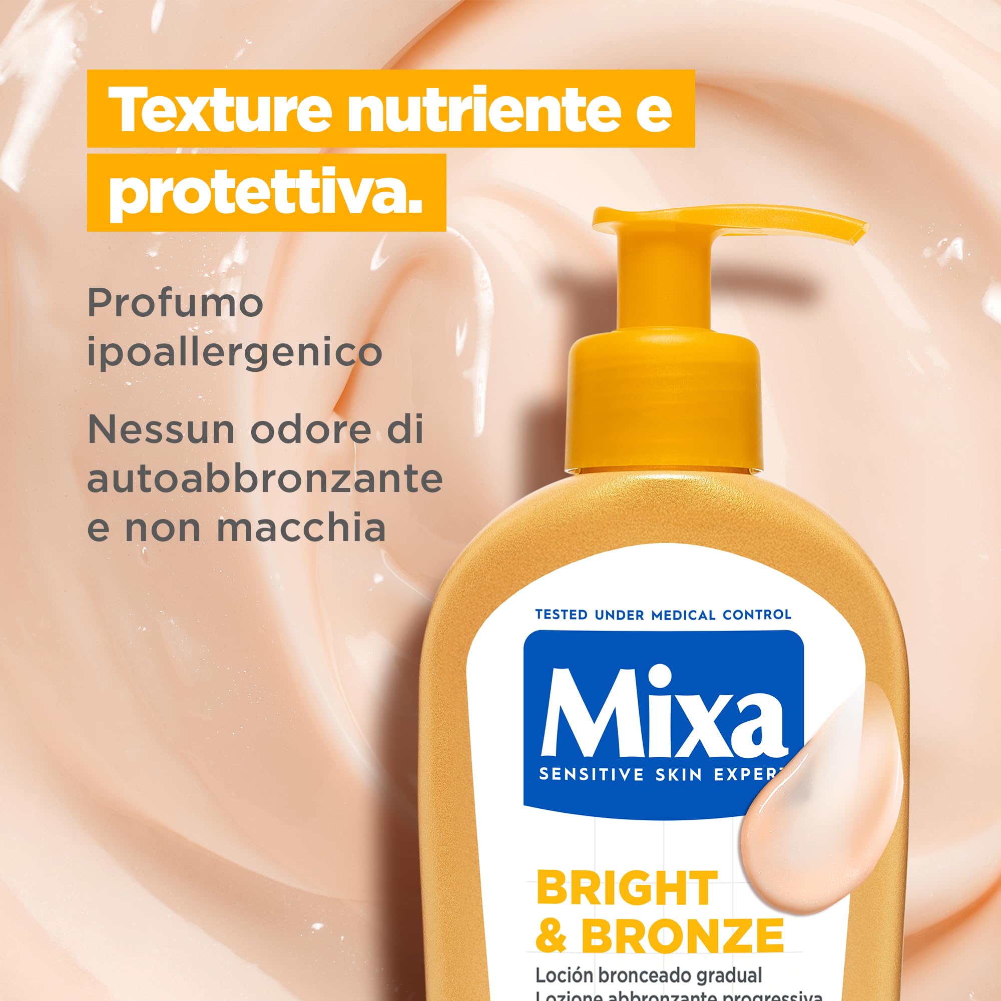 Mixa Lozione Abbronzante, Per Viso e Corpo, Per Carnagioni Chiare e Medie, Abbronzatura Progressiva e Naturale, Pelle Idratata e Luminosa, Con Glicerina e DHA Vegetale, Bright and Bronze, 250 ml
