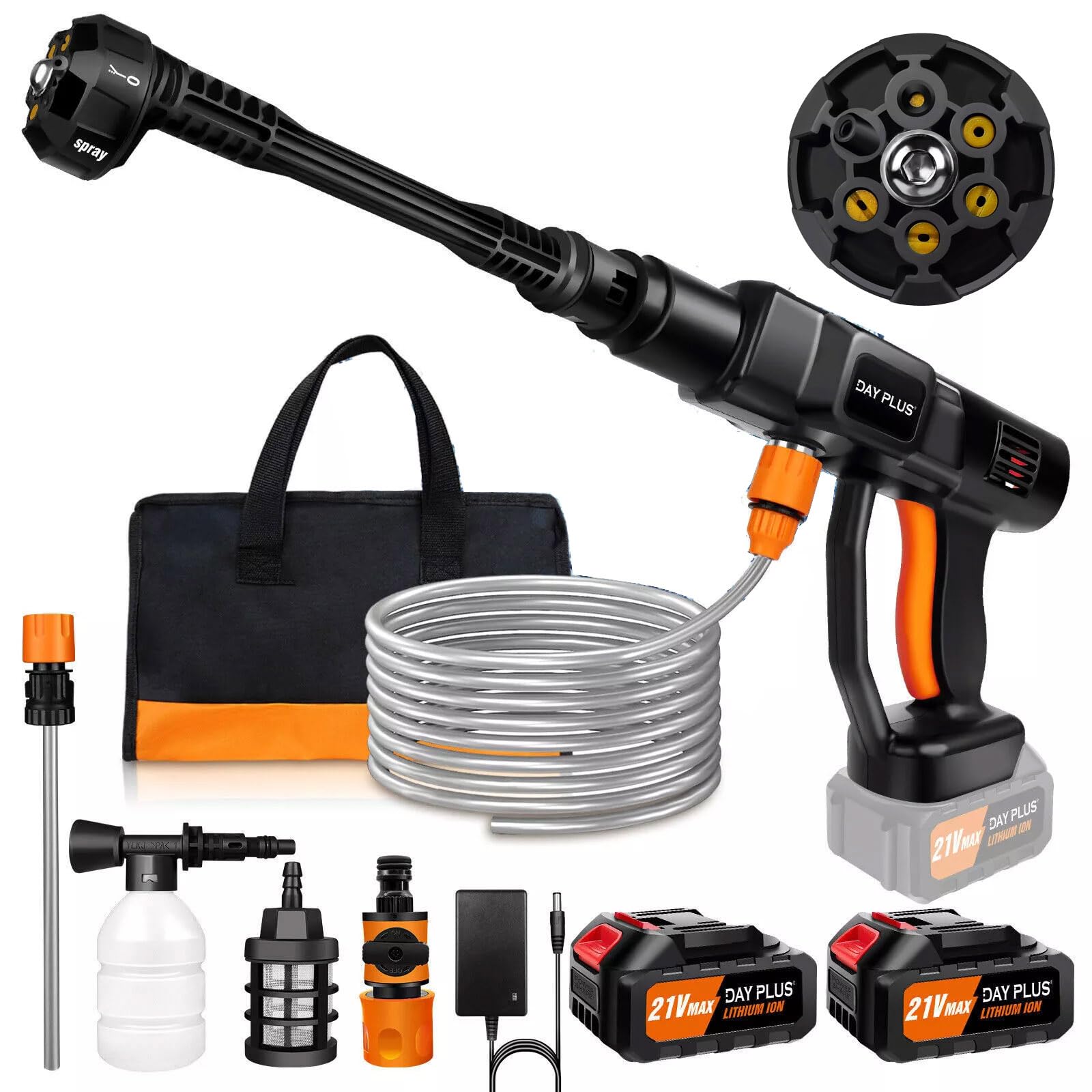 6IN1 Cordless High-Pressure Washing Water Gun Car Jet Washing Machine, 21V 300 Bar/3000 PSI, with 2pcs 3.0Ah Battery, 5m Hose