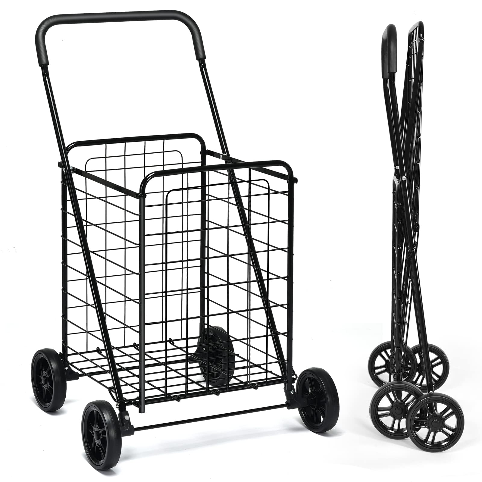 GYMAX Carrello Porta Spesa, Trolley Pieghevole a 4 Ruote, Carico di 45 kg, Capacità di 83 L, Cestino in Metallo, Bracciolo Antiscivolo, Compatto e Salvasapzio(M, Nero)