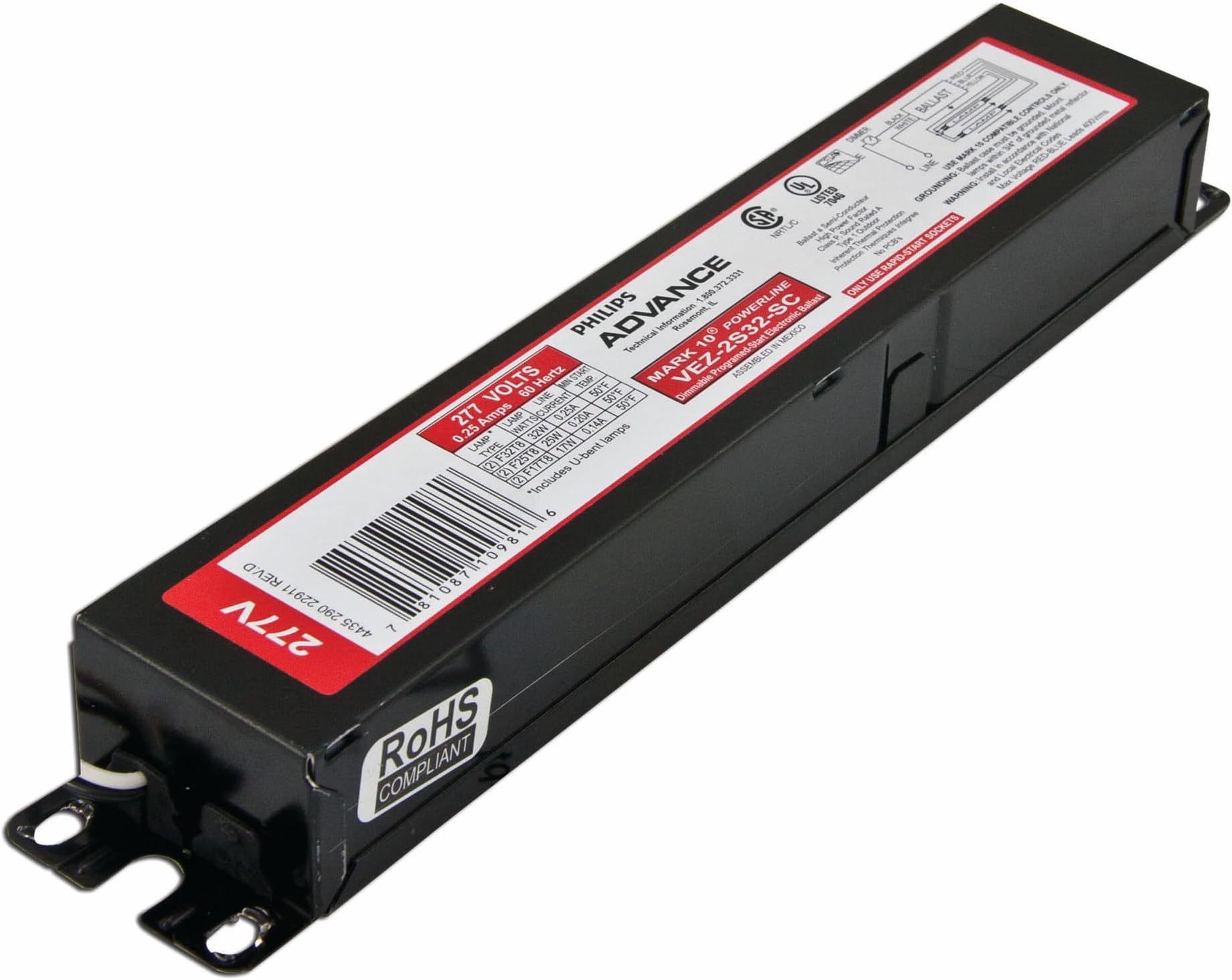 Advanced Ballasts VEZ-2S32-SC Fluorescent Dimming Ballast, 2 Lamp, F32 T8, 277V