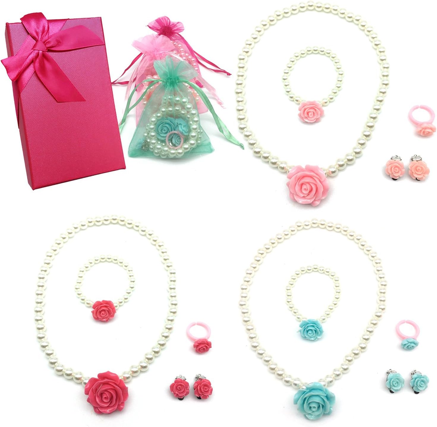 Elesa MiracleElesa Miracle Girl Party Favor Pretend Play Princess Rose Pearl Jewelry Value Set - Necklace, Bracelet, Earrings, Ring