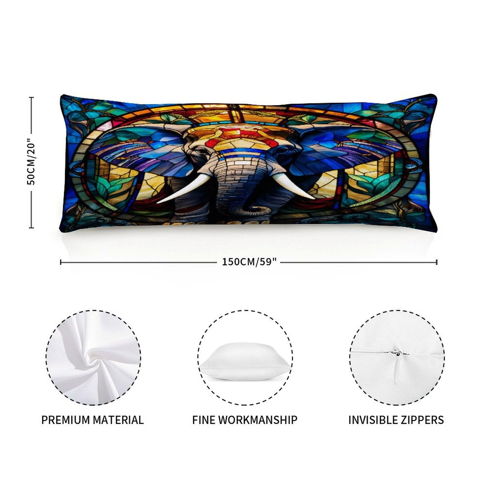Rebbygena Elephant Stained Glass Long Body Pillow Case Cover for Pregnant Women Adults 20x59in,Machine Washable Soft Bed Long Body Pillow Cover with Zipper