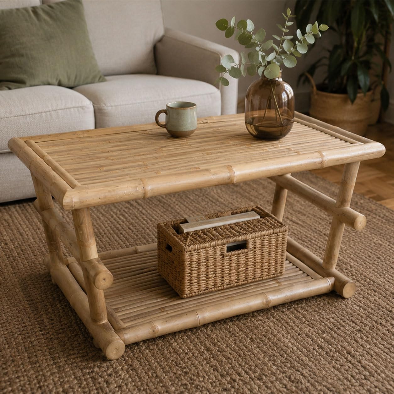 Decorasian Bambus Couchtisch (85x55x45 cm) – Lounge Tisch für Indoor & überdachten Outdoor Bereich – Boho Beistelltisch, für Balkon & Wohnzimmer
