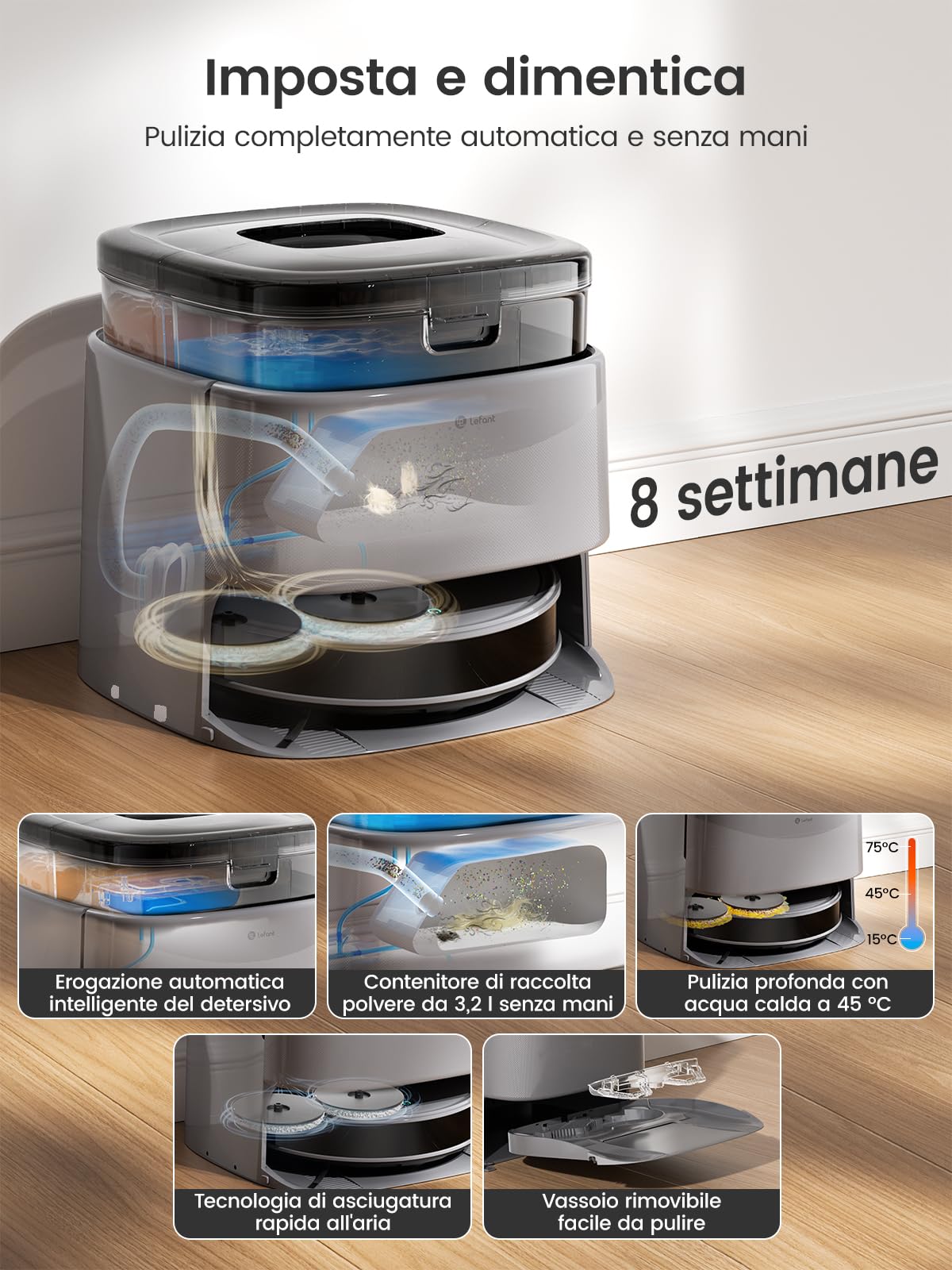 LEFANT M3 MAX Robot Aspirapolvere e Lavapavimenti 3-in-1 con Mini-Station All-in-One, 20.000Pa, Navigazione Laser dToF + PSD, Autosvuotamento 3.2L, Lavaggio Mop 55°C, 210 Min, App/Alexa/Google