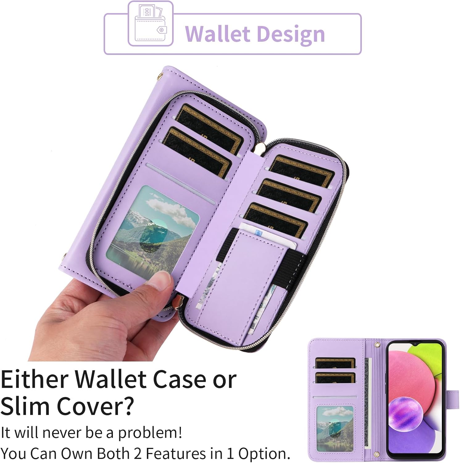 Argyle Wallet Case for Samsung Galaxy A03s US Version 5G 2022 with Wrist Strap Shoulder Strap, 9+ Card Slot Zipper Purse Stand Checkered Phone Cover for Ao3s A 03s SM-A037U SM A037U Purple