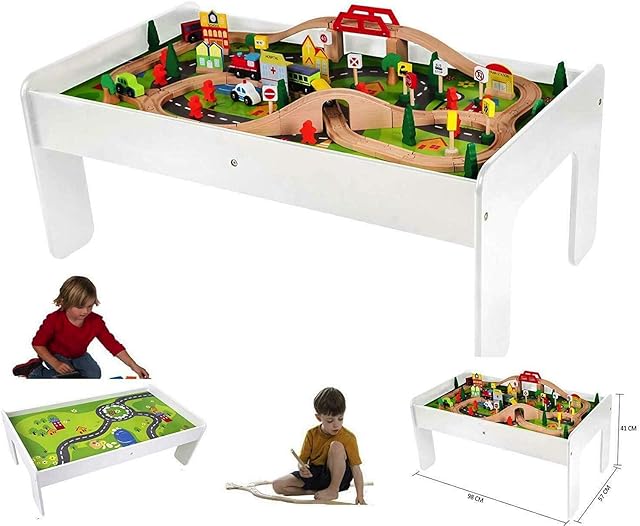 Kids Wooden Activity White Table and 90 Piece Train Set Car Track + Accessories For Xmas Birthday Gift HYGRAD®