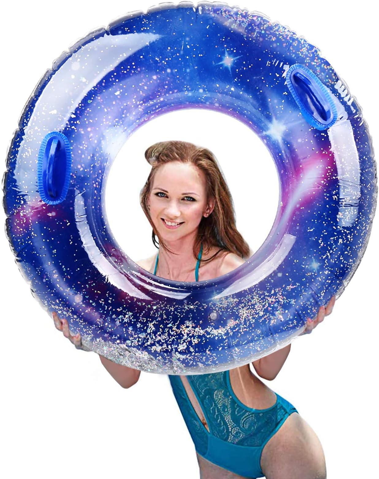 IAMGlobal Glitter Pool Float, Inflatable Blue Swim Ring with Handle, Colorful Swim Party Toys, Party Lounge Raft, Swimming Float, Beach Floatie for Fun (39.3")
