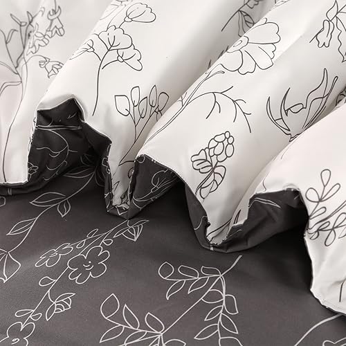 Miniatura 5 de Qucover Juego de edredón de 3 piezas tamaño Queen, reversible gris y blanco con patrón botánico floral gris y blanco, juego de edredón de granja con