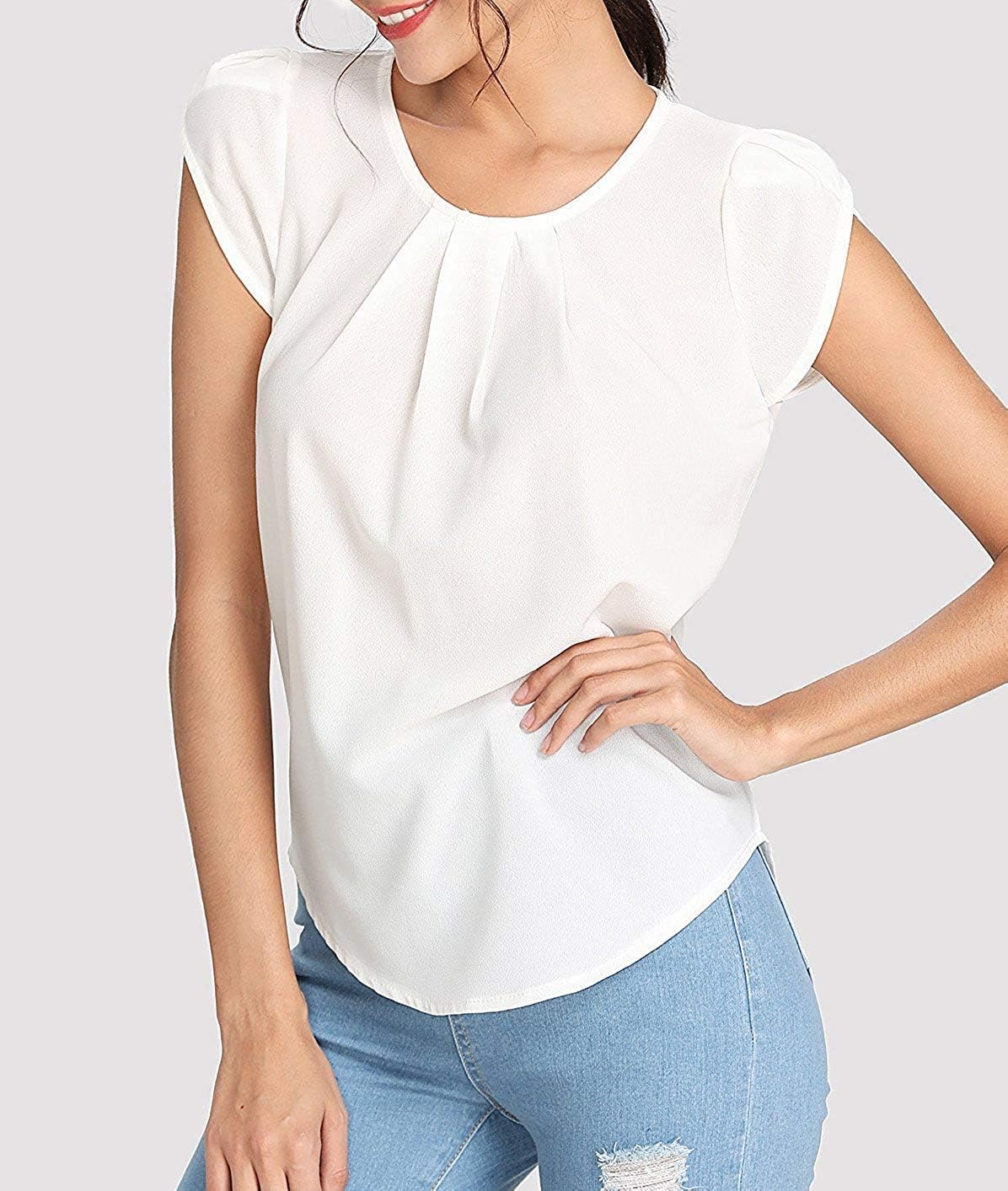 Milumia Women's Casual Round Neck Basic Pleated Top Cap Sleeve Curved Keyhole Back Blouse