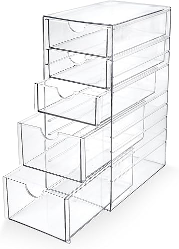Miniatura 11 de Prsildan Organizador de maquillaje acrílico con 6 cajones, juego de 2 organizadores de escritorio de oficina, cajones de almacenamiento apilables