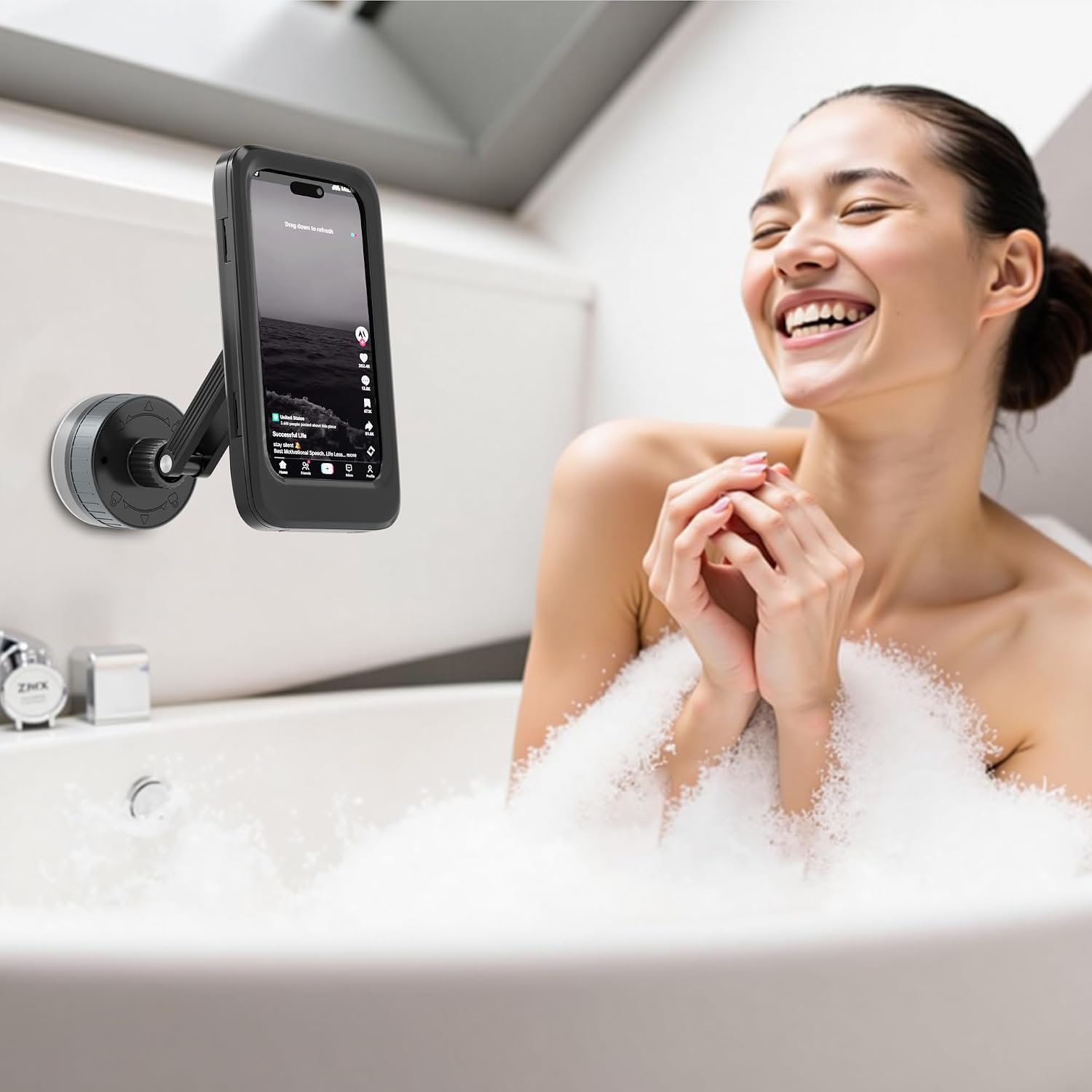 Shower Phone Holder Waterproof, 480° Rotating Twist-Lock Suction Mount, Anti-Fog Touchscreen Case for Bathroom Mirror Kitchen, Shower Phone Mount Fits Smartphone with Case up to 6.9"