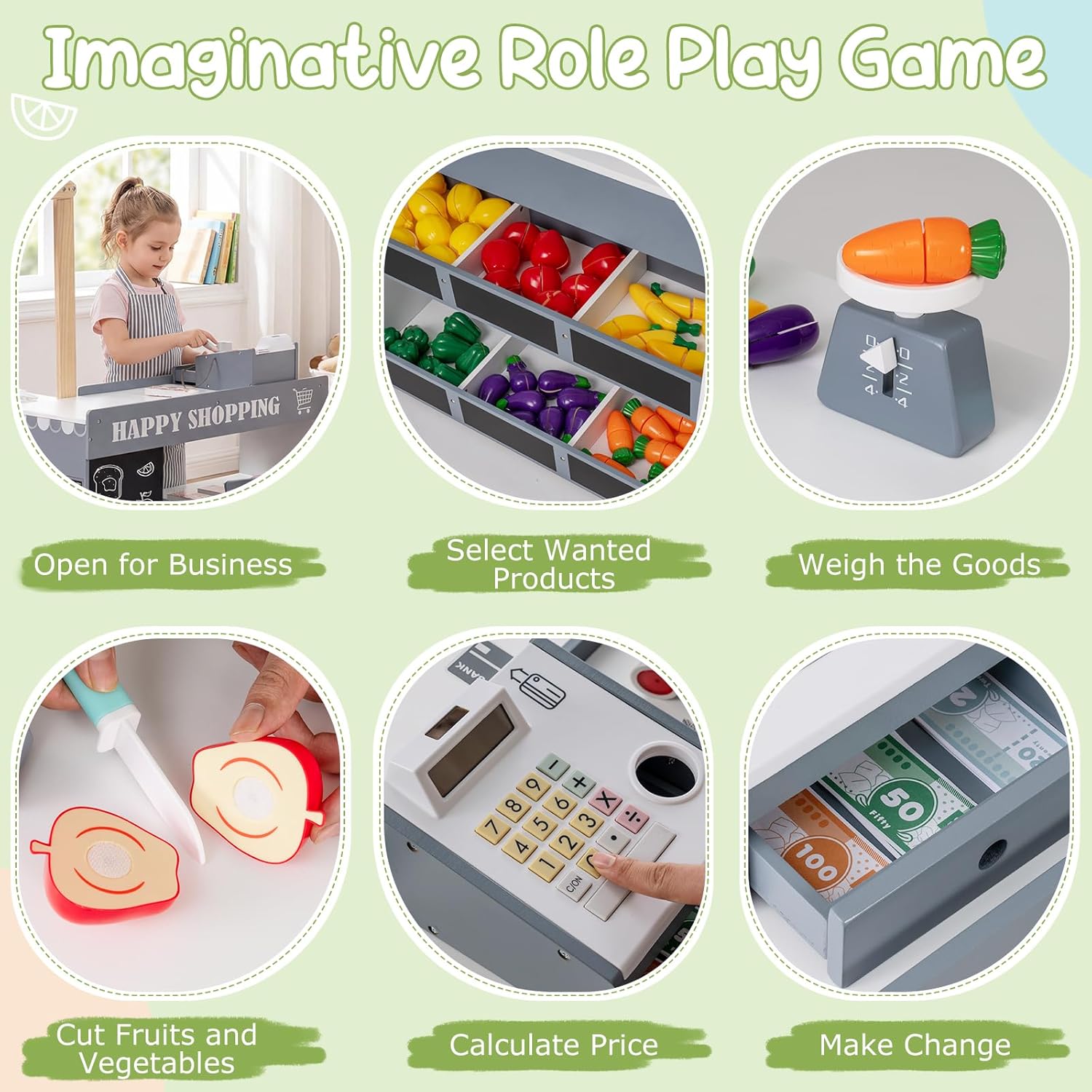 HONEY JOY Kids Grocery Store Playset, Wooden Market Stand Play Store with Canopy & Shopping Cart, Toddler Supermarket Checkout Stand w/Blackboard & Accessories, Grocery Store Pretend Play (Gray)
