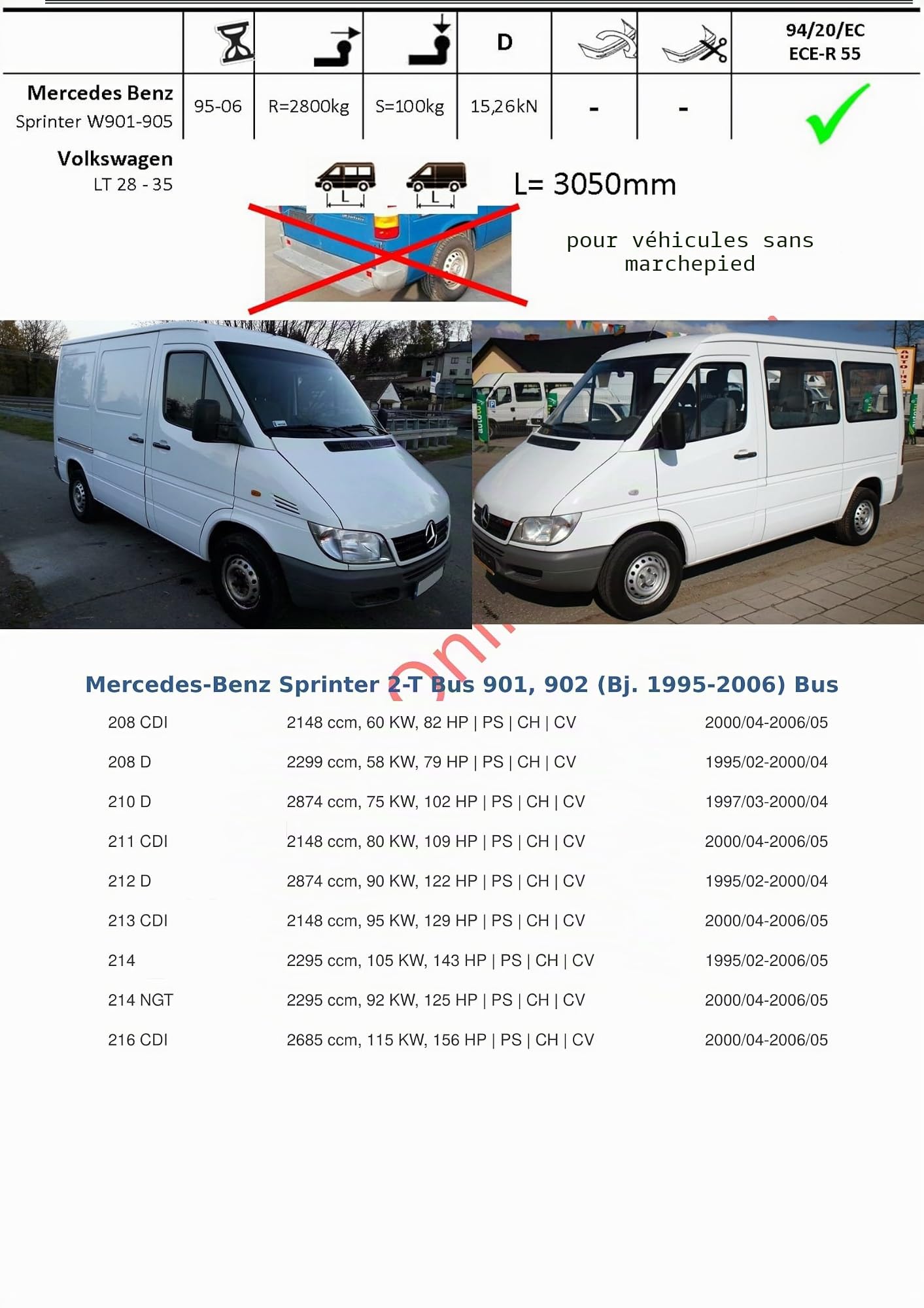 ATTELAGE avec faisceau 7 broches | Mercedes Sprinter W901-05 / Volkswagen LT 28 - 35 de 1995 à 2006 Fourgon Bus (empattement = 3050mm, roues arrière simples) / crochet «col de cygne» démontable avec outils
