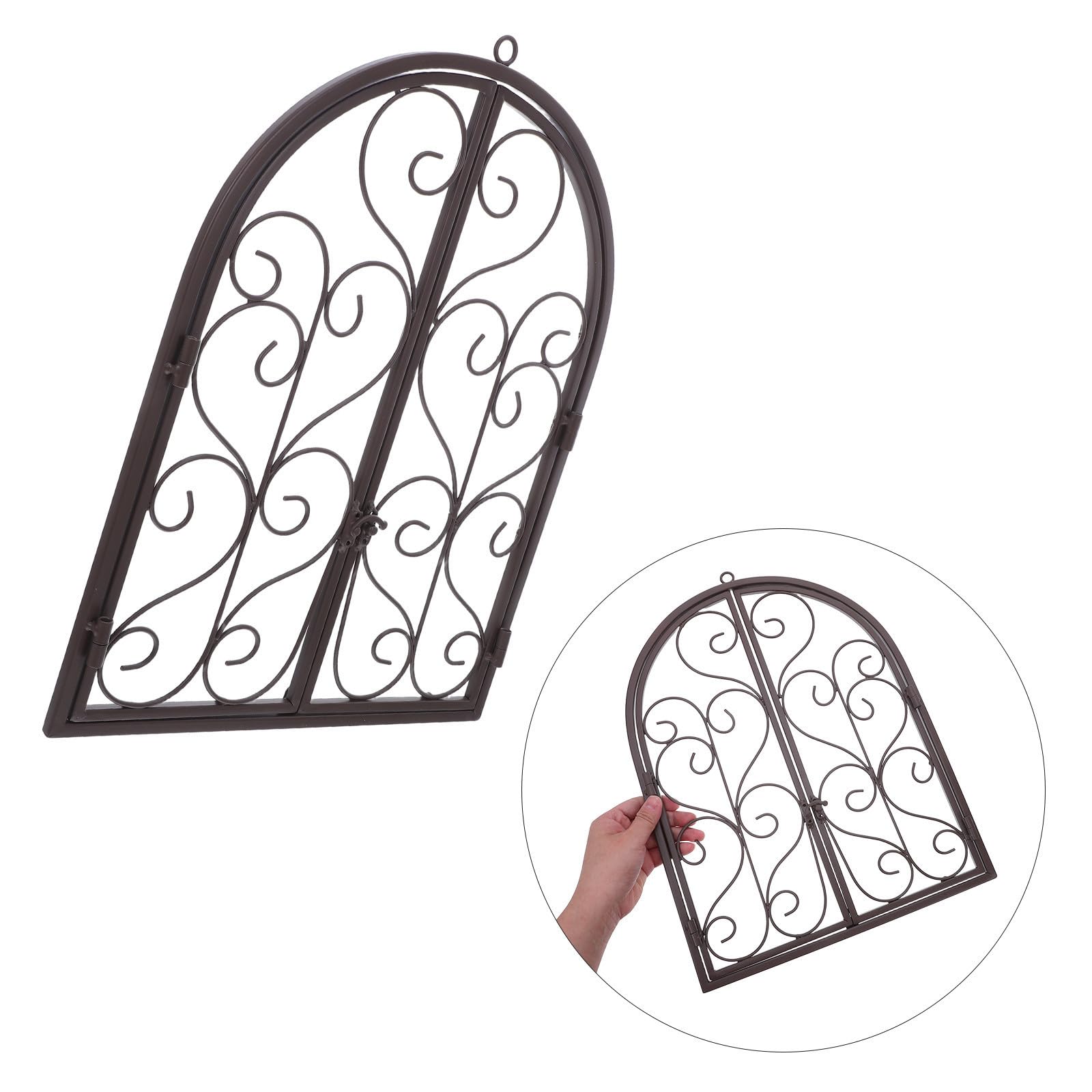 GRIRIW Eisen Wanddekoration gewölbtes Fenster mit wetterbeständigem Design für Garten und Hof im rustikalen Landhausstil brauner dekorativer Fensterrahmen