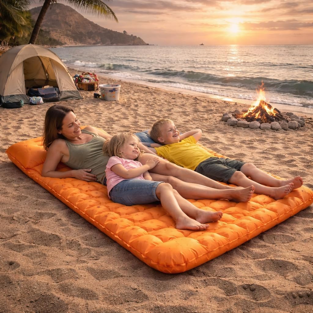 Lounge Mat - Your Portable Chill Zone, Thick Memory Foam Sleeping Pad for Outdoor Camping, Self Inflating Travel Air Mattress with Pump, Folding Backpacking Bed for Mat Hiking & Travel (Orange)