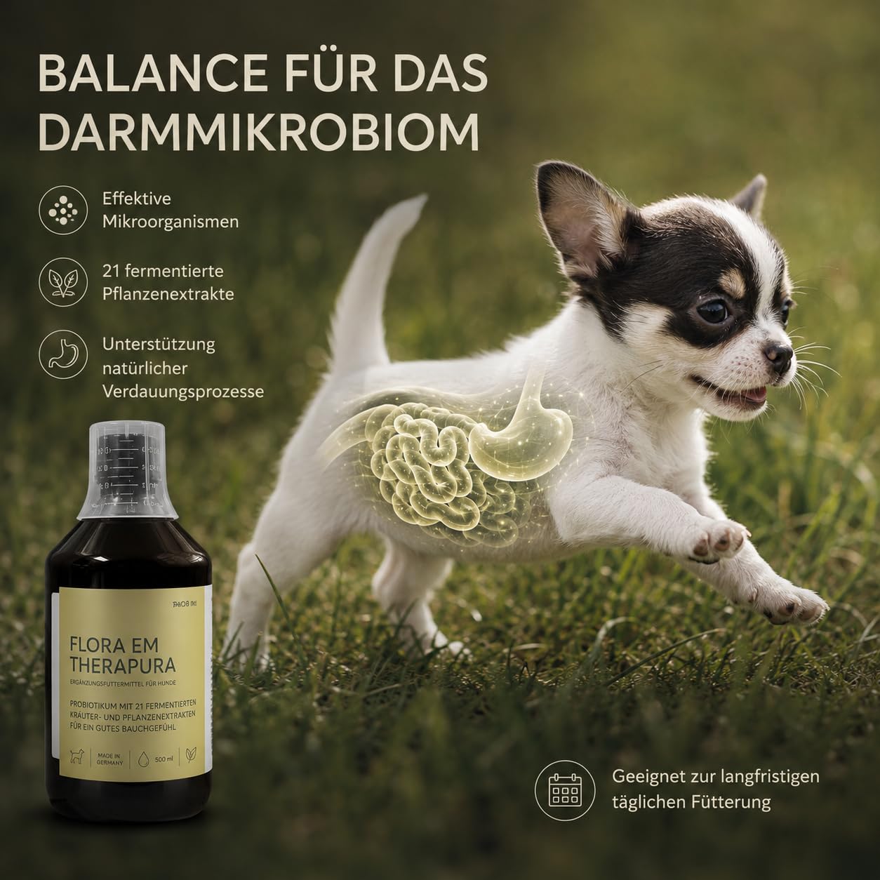 Flora EM Therapura Probiotique pour chien 500 ml liquide – Structure de la flore intestinale avec 21 herbes fermentées, micro-organismes et extraits de plantes – Digestion naturelle du chien