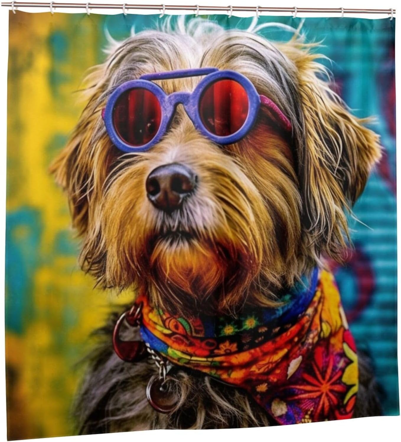 Sunglasses Dog Shower Curtain for Bathroom, Funny Cute Animals Boho Shower Curtain Set, Hippie Graffiti Fabric Modern Waterproof Bathroom Decor with 12 Hooks 72x72in C