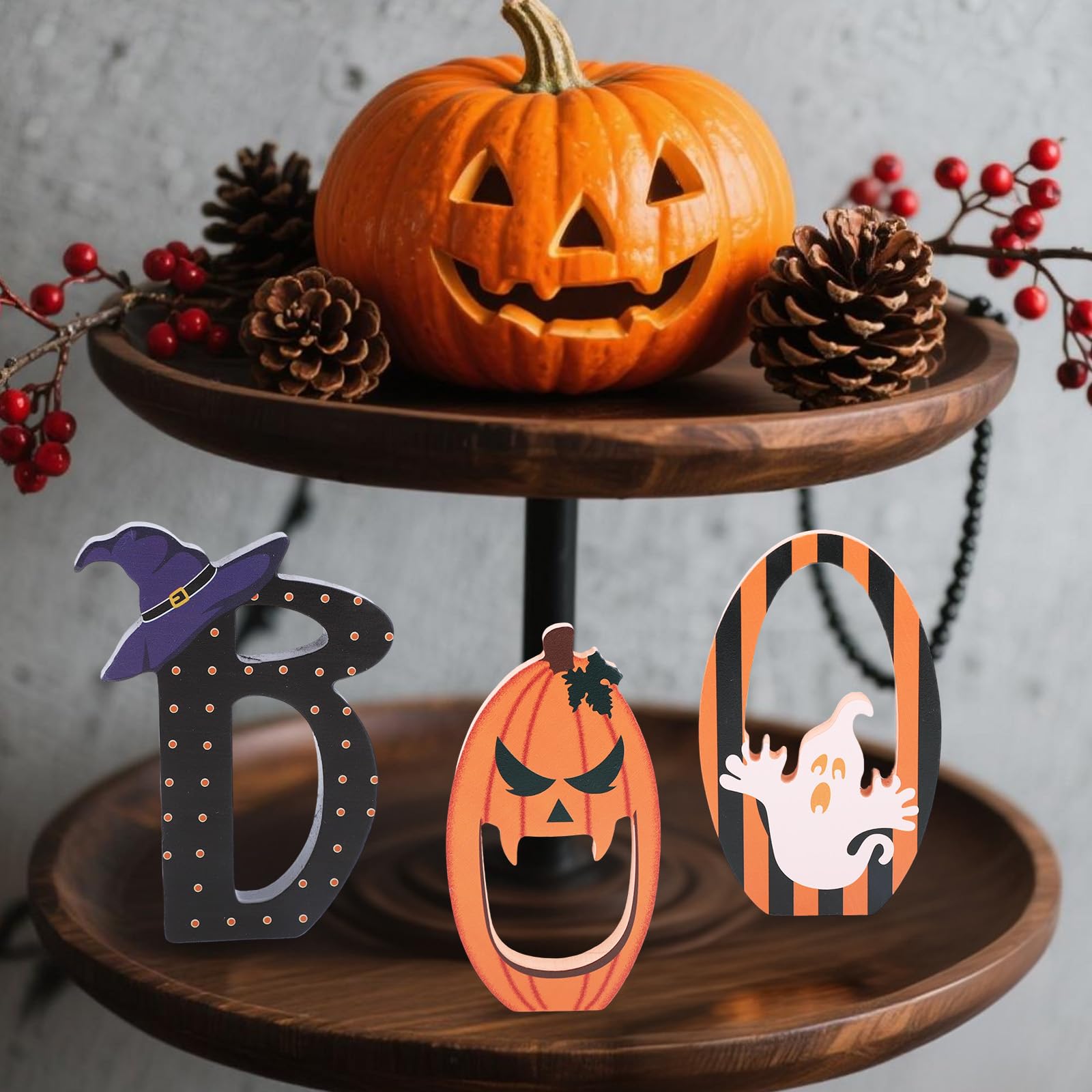 Niedliche Halloween-Deko Aus Holz - 3-teiliges Set Mit Geistern, Katze & Kürbis Für Tisch & Regal