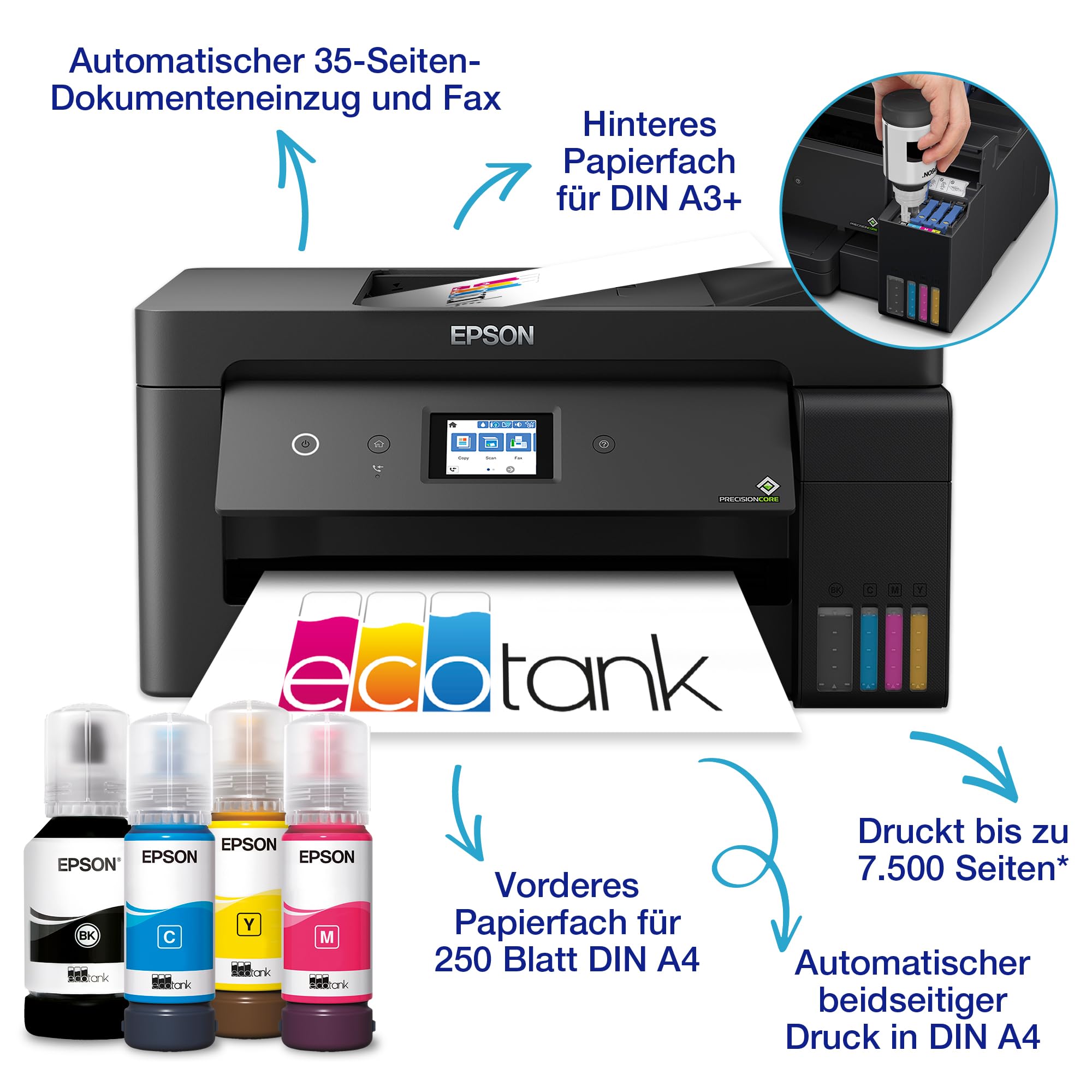 Epson EcoTank ET-15000 Tintentankdrucker | für Zuhause & kleine Büros | WLAN | A3+ | Drucken, Kopieren, Scannen, Faxen | Duplexdruck Druckening | 6.8 cm Touchscreen | 30-Blatt-ADF