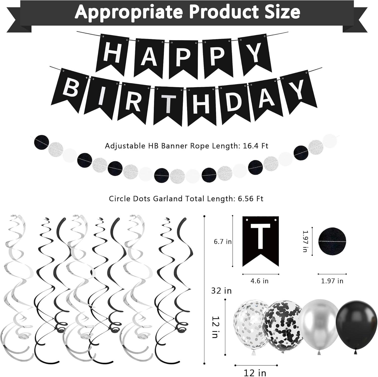 CANREVEL Black and Silver Happy Birthday Decorations, Happy Birthday Banner, Hanging Swirls, Circle Dots Garland, Party Balloons, Silver and Black Birthday Party Supplies Decorations for Women Men