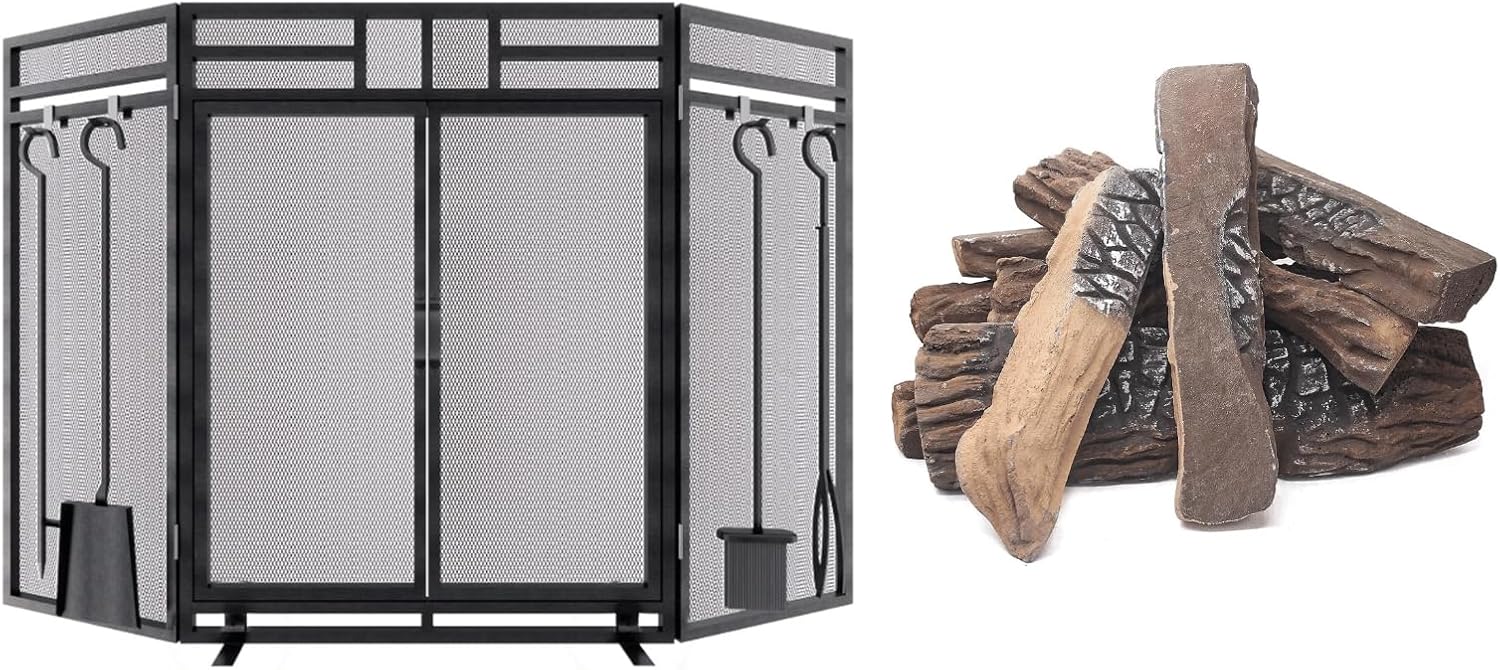 Fireplace Screen with Tools and 10pcs Large Gas Fireplace Logs Bundle