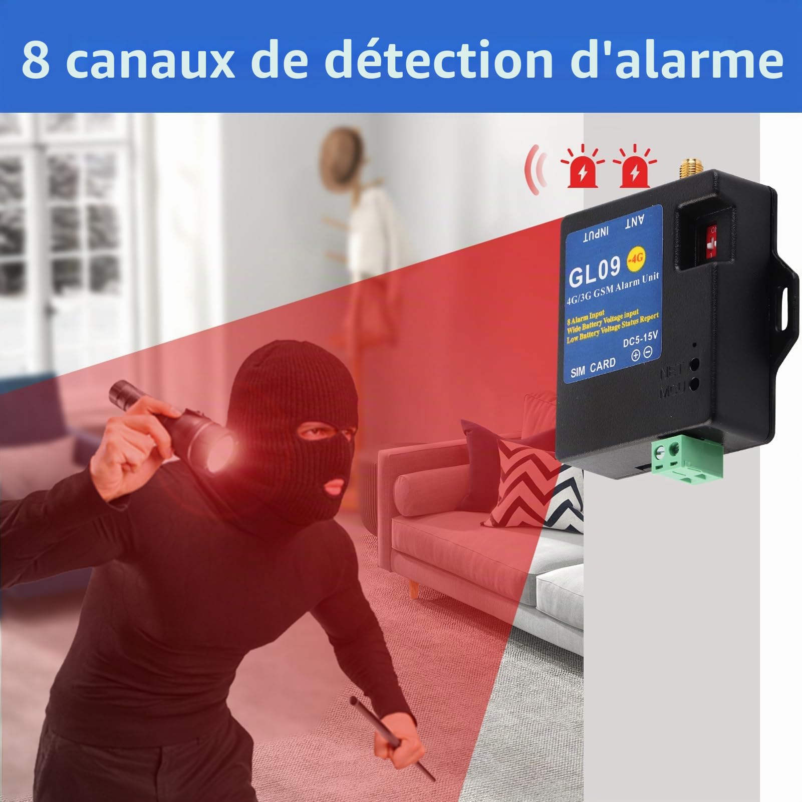Module D'alerte du Système de Sécurité D'alarme 4G/3G/GSM Alarme de Sécurité à Faible Consommation D'entrée à 8 Canaux pour la Sécurité de L'entrepôt à Domicile(EU Frequency-Le Noir)