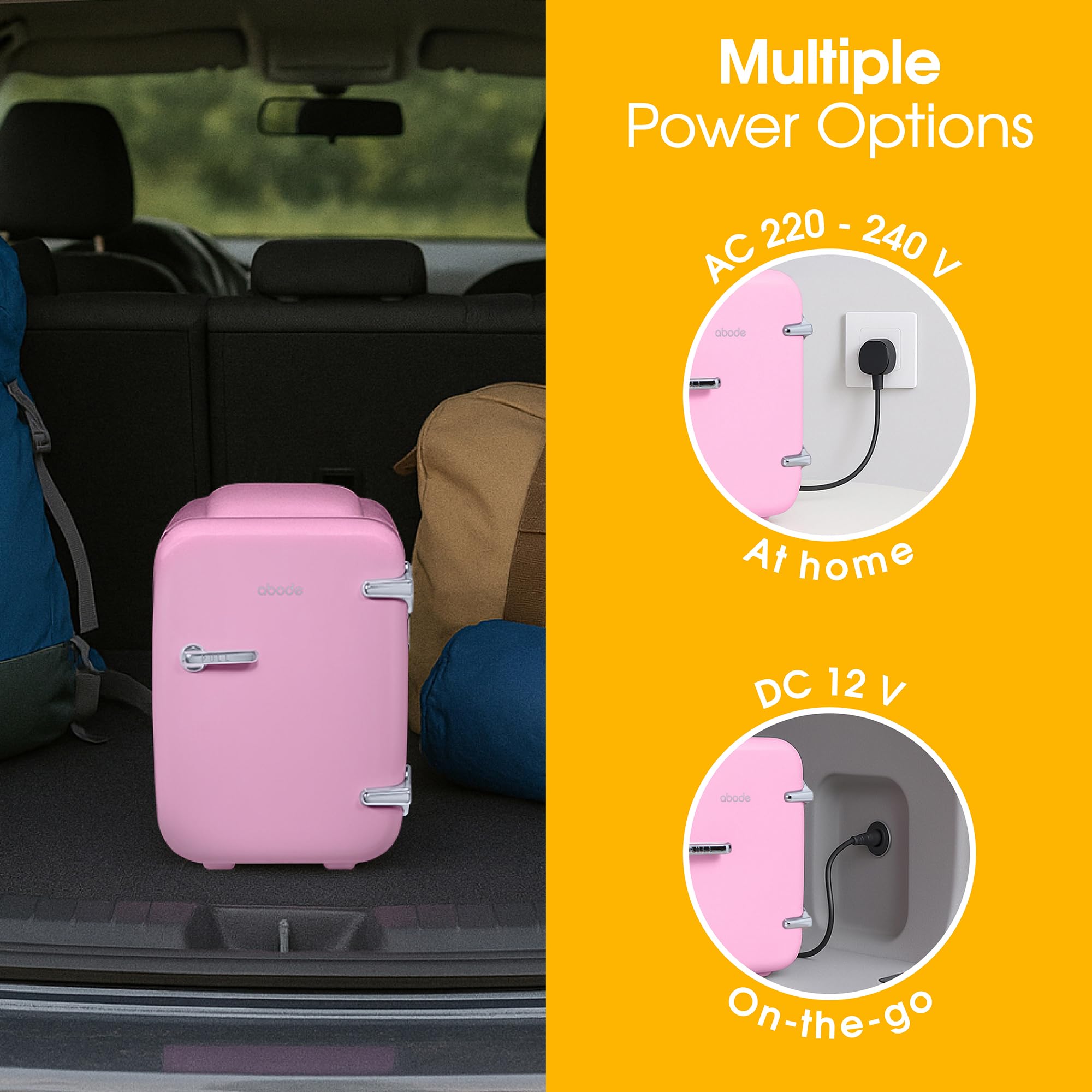 Abode Pink Mini Fridge A4CLR201P 4L/6 Can Portable Thermoelectric Mini Cooler & Warmer for Drinks, Cosmetics/Makeup/Skincare, AC/DC Power, Retro Style, For Bedroom, Home, Caravan, Car — view 7